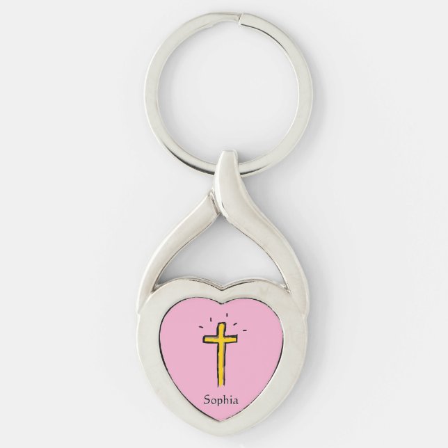 Christian Cross Pink Custom Name  Keychain (Front)