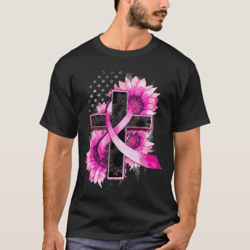 Christian Cross Pink Ribbon Sunflower Breast Cance T_Shirt