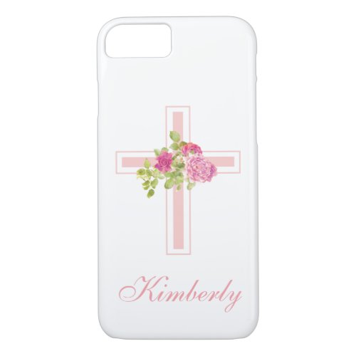 Christian Cross Pink Roses Floral Monogrammed iPhone 87 Case