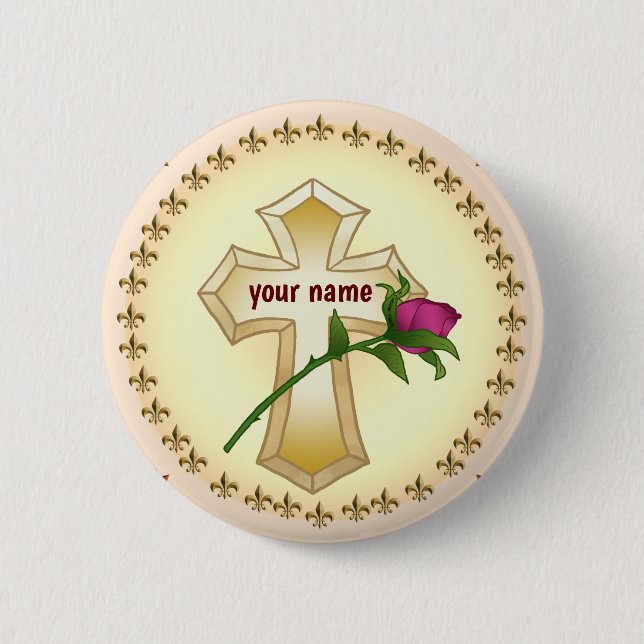 Christian Cross Rose  pin button (Front)