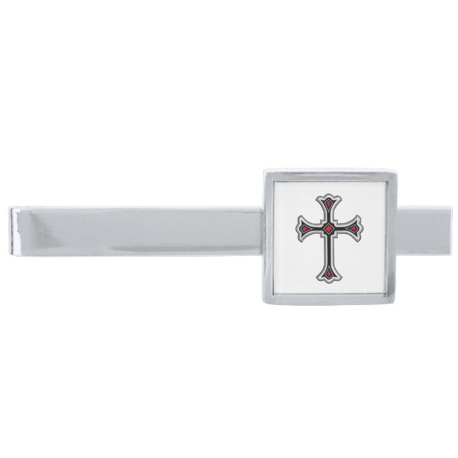 Christian cross silver finish tie bar (Front)