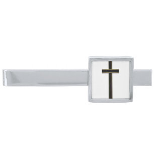 Christian cross silver finish tie clip
