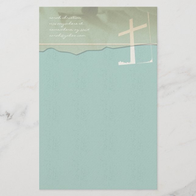 Christian Cross Stationery Rose On Aqua Blue (Front)