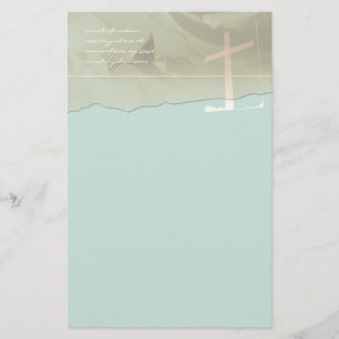 Christian Cross Stationery Rose On Aqua Blue