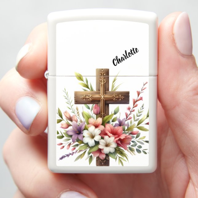 Christian Cross Surrounded by Beautiful Floral Art Zippo Lighter (In Hand)