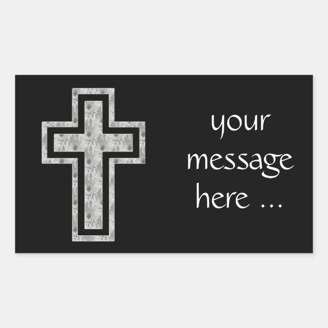 Christian Cross Symbol Pretty Grey Flowers Rectangular Sticker (Front)