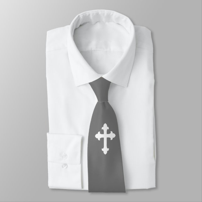 Christian Cross Symbol White Silver Gray Neck Tie (Tied)