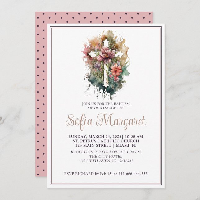 Christian Cross Watercolor Flowers Girl Baptism  Invitation (Front/Back)