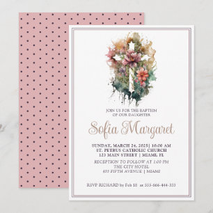 Christian Cross Watercolor Flowers Girl Baptism  Invitation