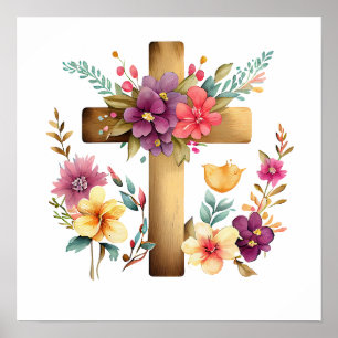 Christian Cross & Watercolor Flowers Poster