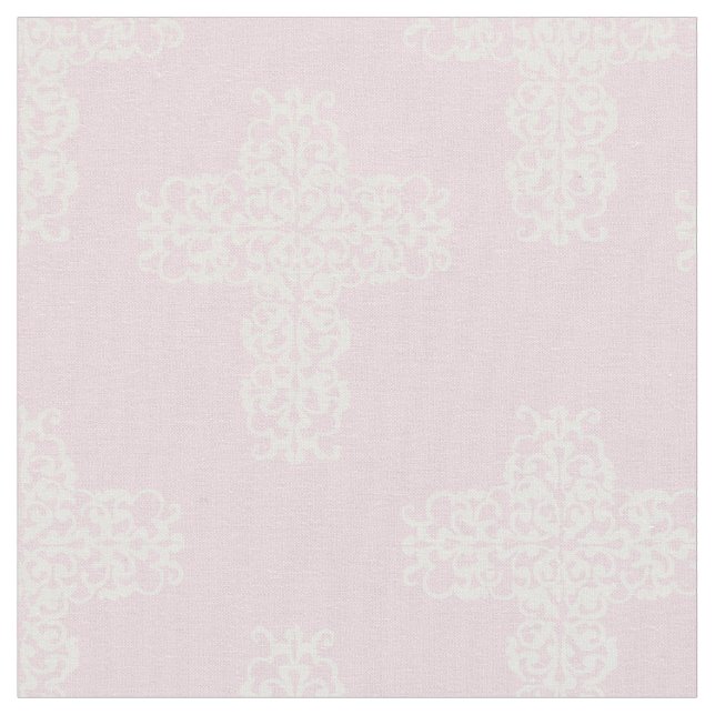 Christian Cross White on Pink Damask Pattern Fabric (Close Up)