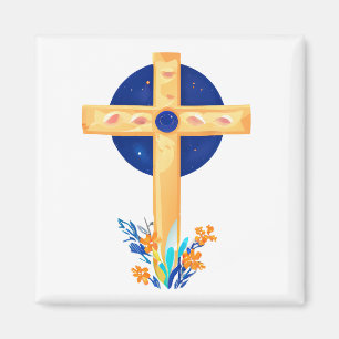 Christian Cross with Flowers Magnet