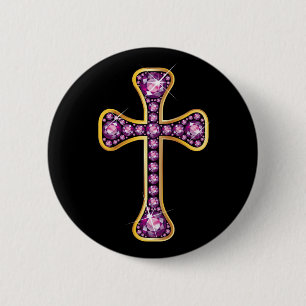 Christian Cross with "Garnet" Stones Button