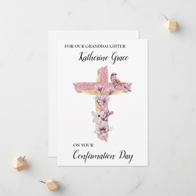 Christian cross with pink magnolias personalized c announcement (Front/Back In Situ)