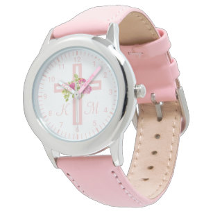 Christian Cross with Pink Roses Floral Monogrammed Watch