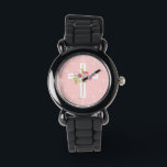 Christian Cross with Pink Roses Floral Watch<br><div class="desc">This watch features a Christian cross in the center that is pink and white with pink roses in the center. The background of the face is pink with white markings and numbers for the time. The perfect gift for religious occasions like first communion. Designed by artist ©Susan Coffey.</div>