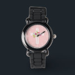 Christian Cross with Pink Roses Floral Watch<br><div class="desc">This watch features a Christian cross in the center that is pink and white with pink roses in the center. The background of the face is pink with white markings and numbers for the time. The perfect gift for religious occasions like first communion. Designed by artist ©Susan Coffey.</div>