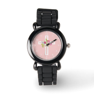 Christian Cross with Pink Roses Floral Watch
