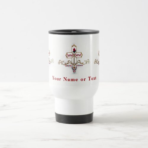 Christian Cross with Red Rose and Gold Filigree Travel Mug