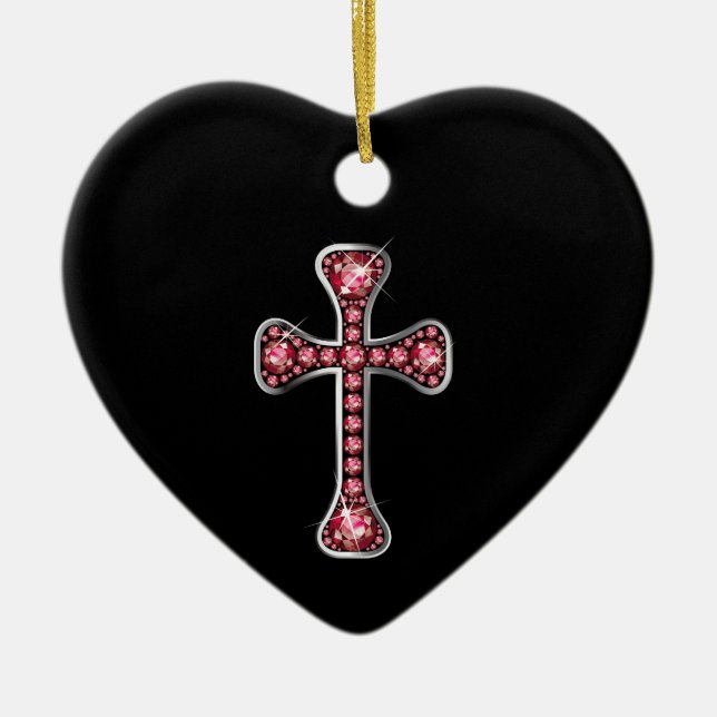 Christian Cross with "Ruby" Stones Ceramic Ornament (Front)
