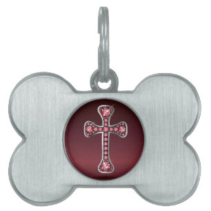 Christian Cross with "Ruby" Stones Pet ID Tag