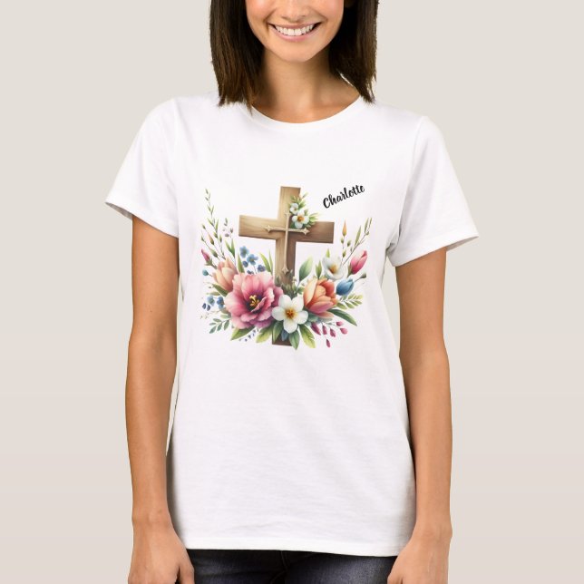 Christian Cross with Vibrant Floral Arrangement T-Shirt (Front)