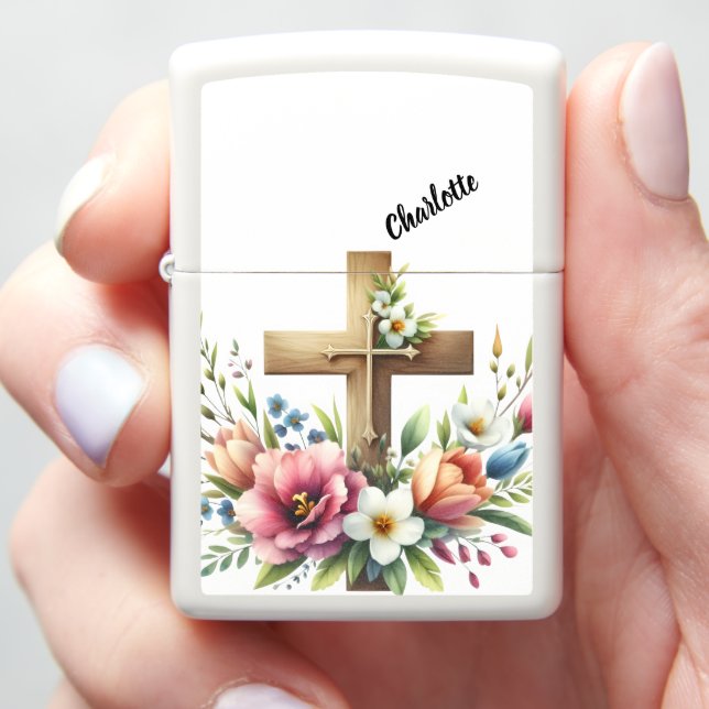 Christian Cross with Vibrant Floral Arrangement Zippo Lighter (In Hand)