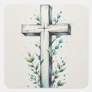 Christian Cross with Watercolor Branches Sticker