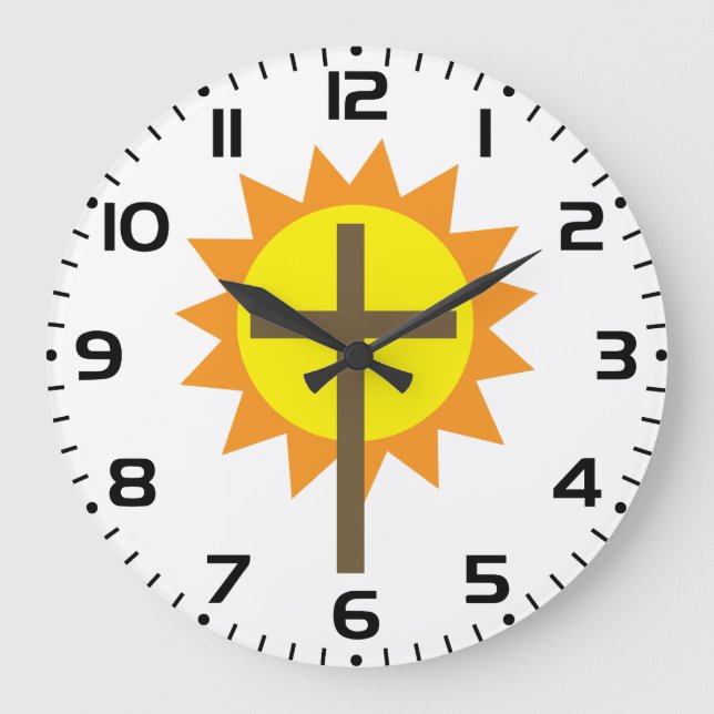 Christian Cross with Yellow Sun and Orange Rays Large Clock (Front)