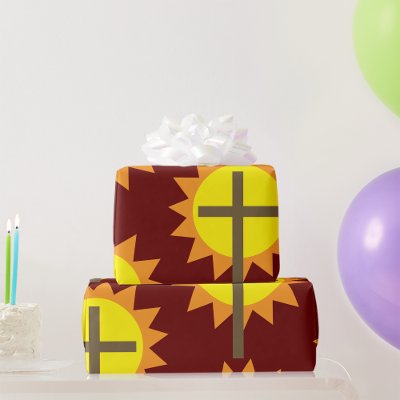 Christian Cross with Yellow Sun and Orange Rays Wrapping Paper