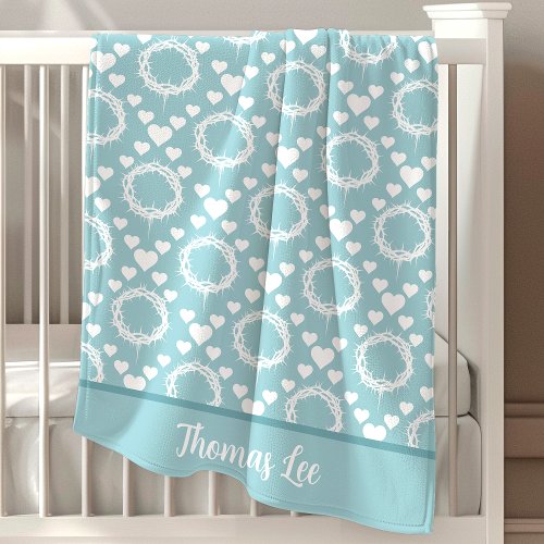 Christian Crown Of Thorns Blue Personalized Baby Blanket