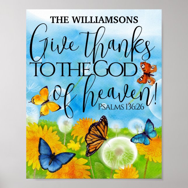 Christian Cute Floral Give Thanks Bible Verse Name Poster (Front)