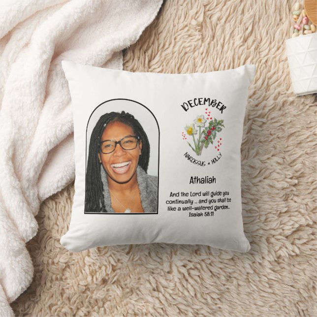 Christian DECEMBER Birth Month Flower NAME PHOTO Throw Pillow (Blanket)
