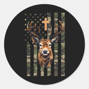 Christian Deer Hunting Camo American Flag Classic Round Sticker
