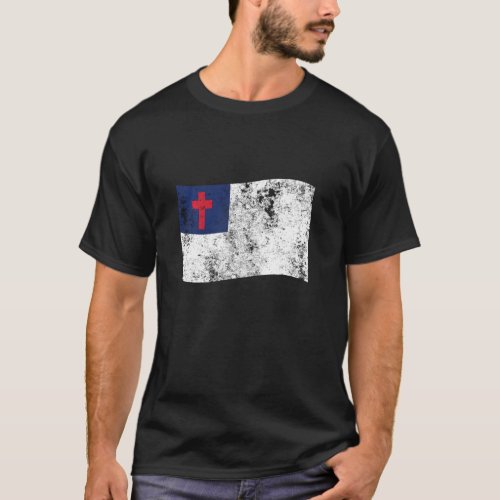 Christian Distressed Flag Printed  Retro Vintage L T_Shirt
