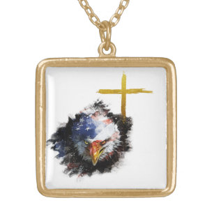 *~* Christian Eagle Cross Patriot USA Flag Veteran Gold Plated Necklace