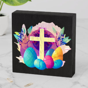 Christian Easter Cross with Easter Eggs Wooden Box Sign