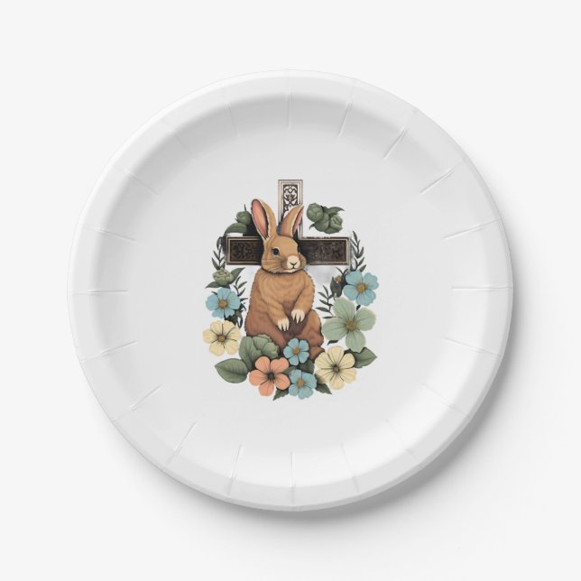 Christian Easter Day Cross Easter Bunny Rabbit   Paper Plates (Front)