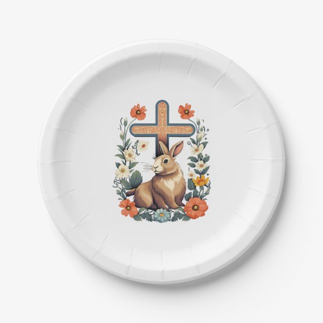 Christian Easter Day Cross Easter Bunny Rabbit  Paper Plates (Front)
