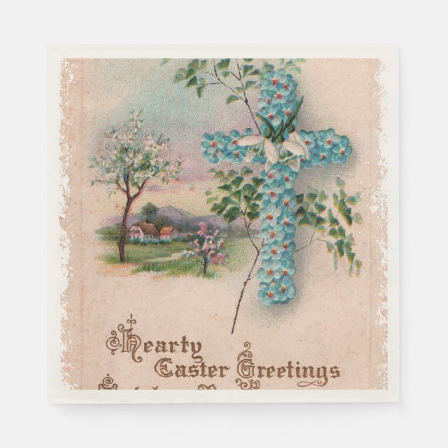 Christian Easter Paper Napkins | Blue Flower Cross (Front)
