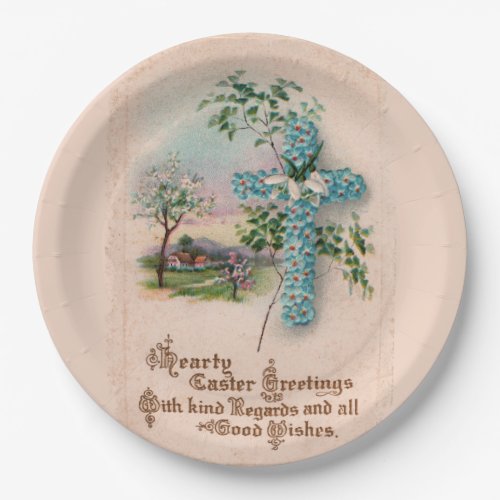 Christian Easter Paper Plates  Blue Flowers Cross