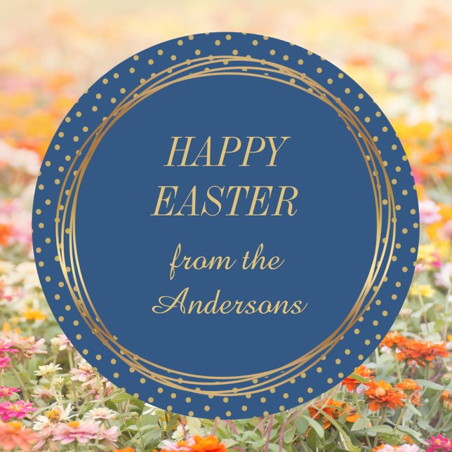 Christian Elegant Gold Polka Dots Happy Easter Classic Round Sticker (Christian Catholic Elegant Blue Gold Polka Dots Happy Easter Classic Round Sticker)