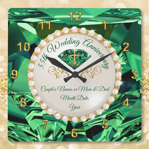CHRISTIAN Emerald 55 Year Anniversary Gift Square Wall Clock