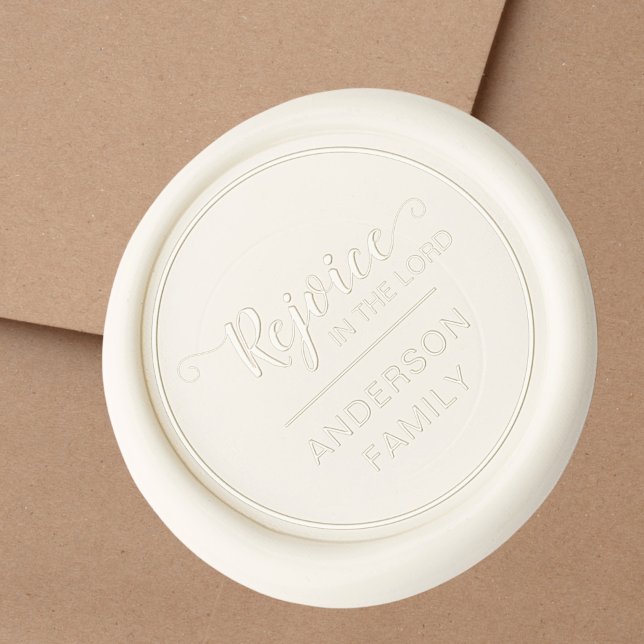 Christian Faith Based Religious Christmas Wax Seal Stamp (Christian, faith-based wax seal with Rejoice in the Lord in a calligraphy script with flourishes)