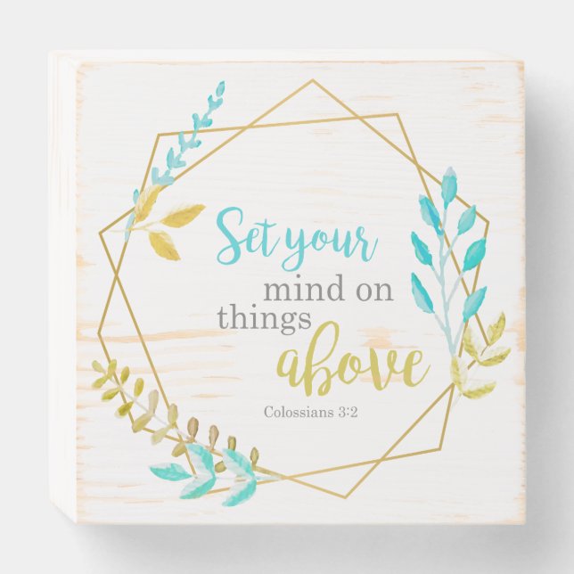 Christian Faith Bible Quote Botanical Leaf Gold Wooden Box Sign (Front Horizontal)