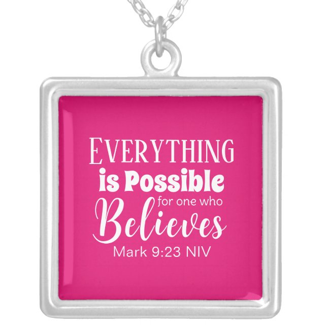 Christian Faith Bible Verse Believe Hot Pink Silver Plated Necklace (Front)