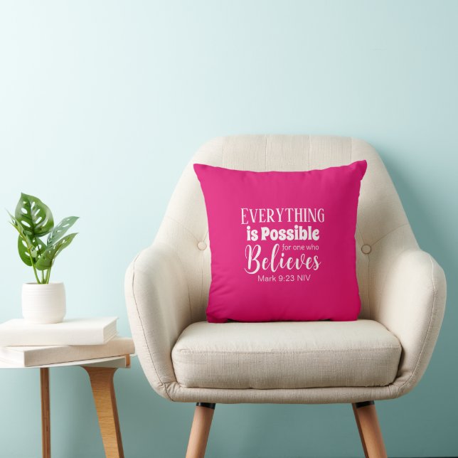 Christian Faith Bible Verse Believe Hot Pink Throw Pillow (Chair)