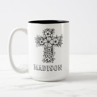 Christian Faith Floral Cross Custom Name Coloring Two-Tone Coffee Mug