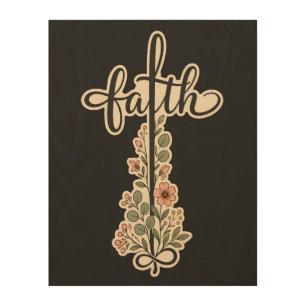 Christian Faith Floral Cross Typography Design Wood Wall Art