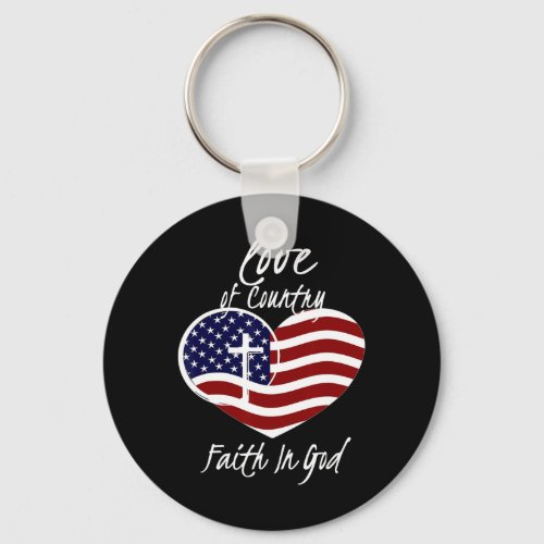 Christian Faith In God Heart Cross American Flag  Keychain